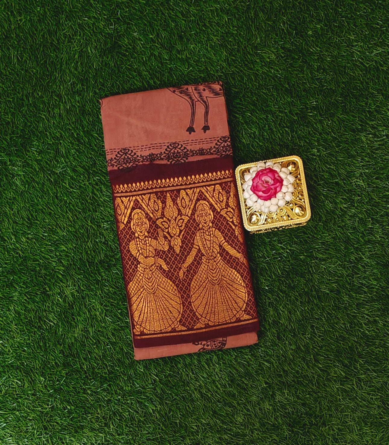 Brown Sungudi Cotton  with Dancing Girl Border