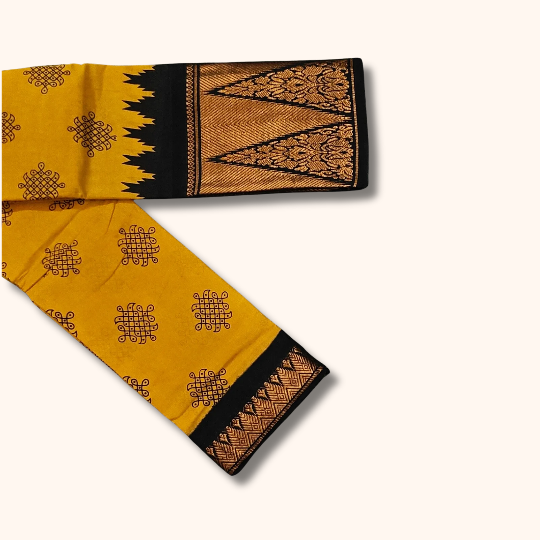 Mustard Yellow Kolam Sungudi Cotton Saree with Black Floral Temple Border