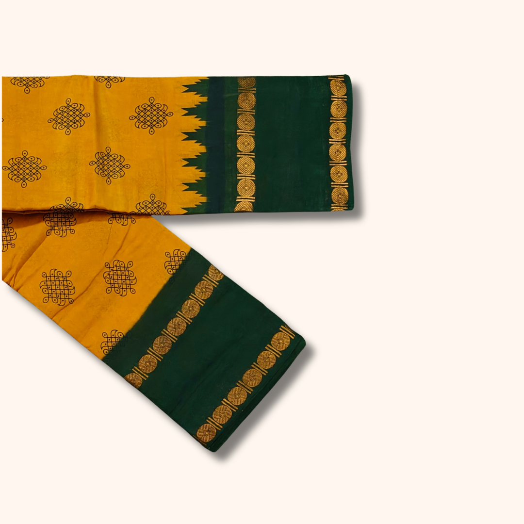 Mustard Yellow Cotton Saree with Dark Green Temple Border – Running Blouse