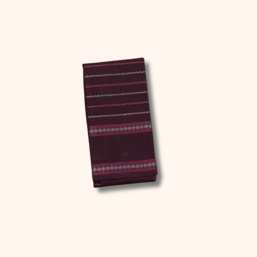 Dark Coffee Brown Cotton Saree with Pink and White Stripe Design – Running Blouse