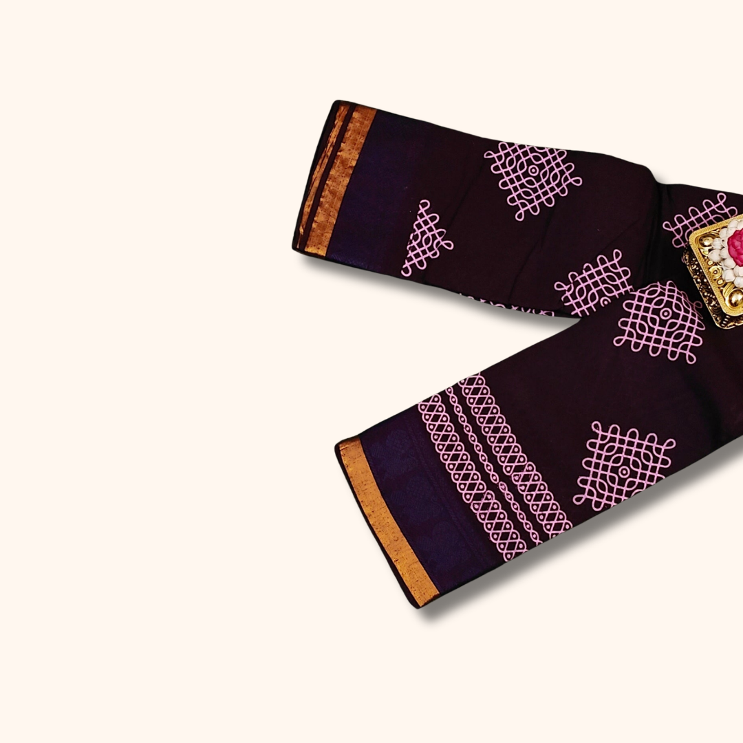 Deep Plum Sungudi Cotton Saree with Pink Kolam Motifs & Dual Tone Zari Border