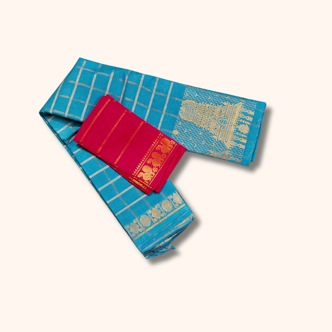 Sky Blue Sungudi Cotton Saree with Gold Zari Checks & Designer Pallu – Separate Blouse Piece