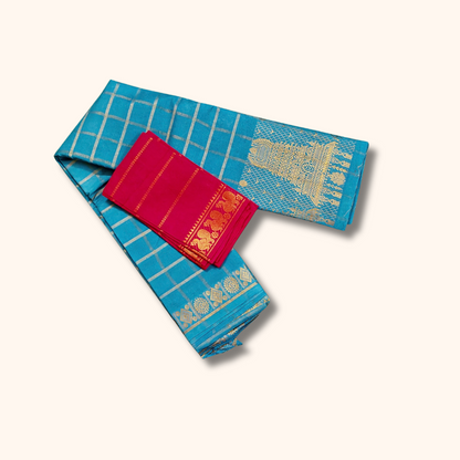 Sky Blue Sungudi Cotton Saree with Gold Zari Checks & Designer Pallu – Separate Blouse Piece