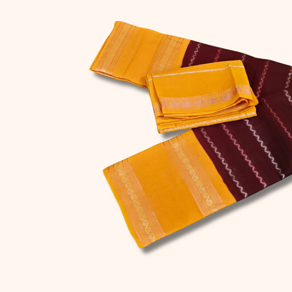 Maroon Cotton Sungudi Saree with Mustard Yellow Contrast Blouse – Traditional Cotton Saree