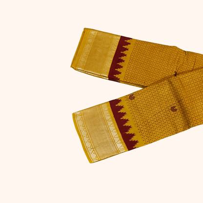 Mustard Yellow Sungudi Cotton Saree with Silver Zari Temple Border