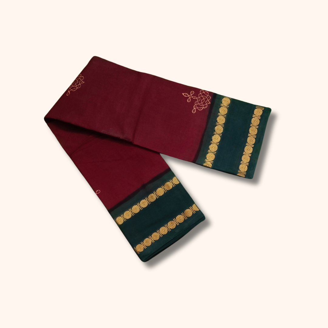 Maroon Cotton Saree with Dark Green Border and Gold Motifs – Running Blouse