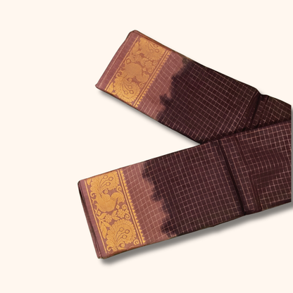 Brown Checked Sungudi Cotton Saree with Peacock Zari Border