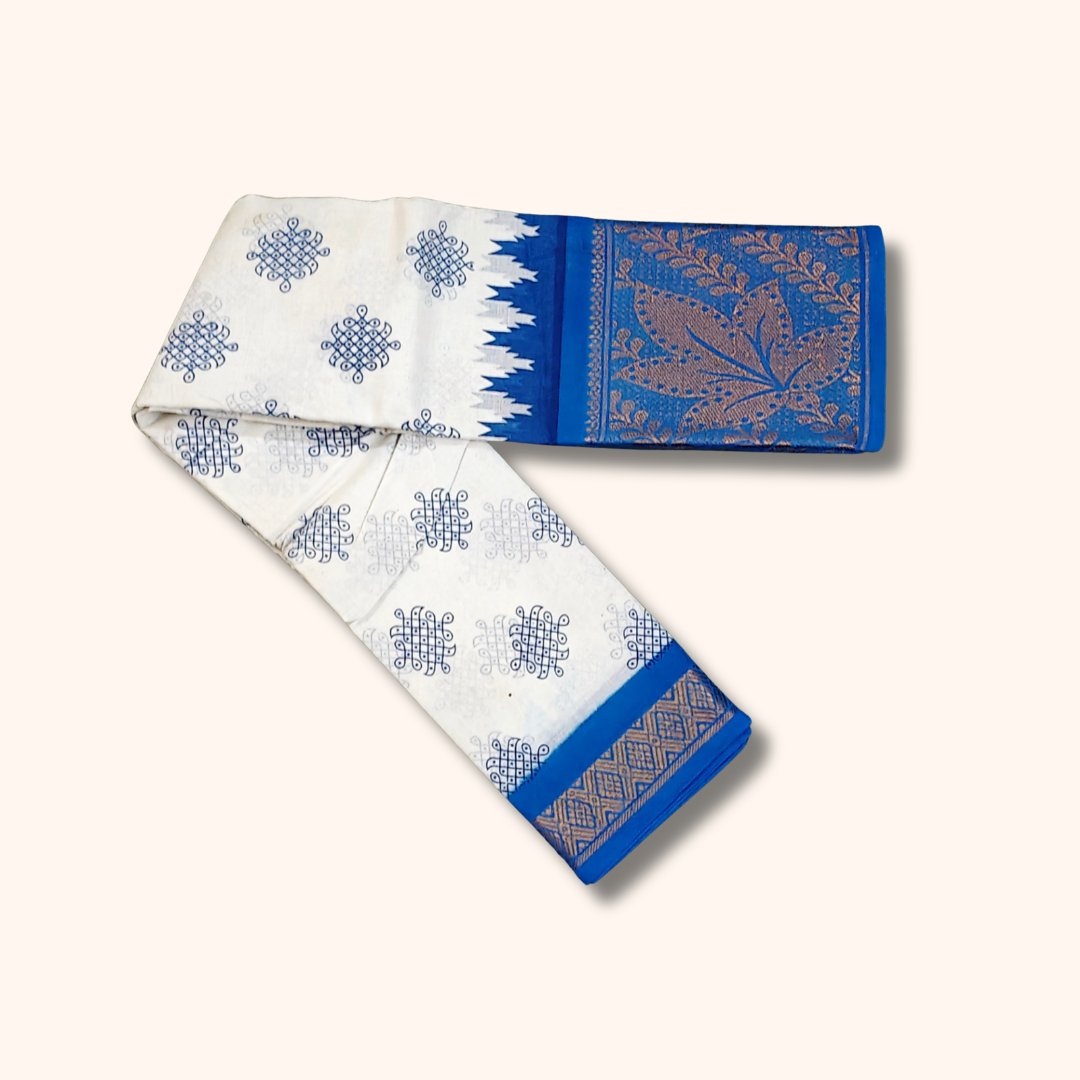 Off-White Sungudi Cotton Saree with Royal Blue Contrast Zari Border