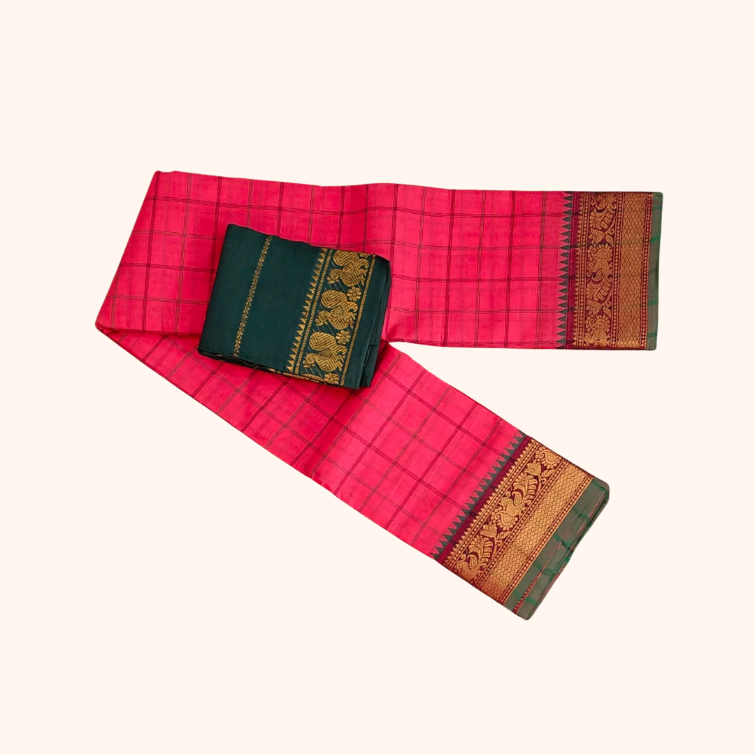 Pink Checked Chettinad Cotton Saree with Peacock Zari Border & Separate Blouse Piece