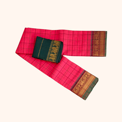 Pink Checked Chettinad Cotton Saree with Peacock Zari Border & Separate Blouse Piece