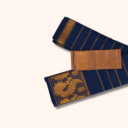 Navy Blue Pure Sungudi Cotton Saree with Gold Zari Peacock Pallu & Brown Blouse Piece