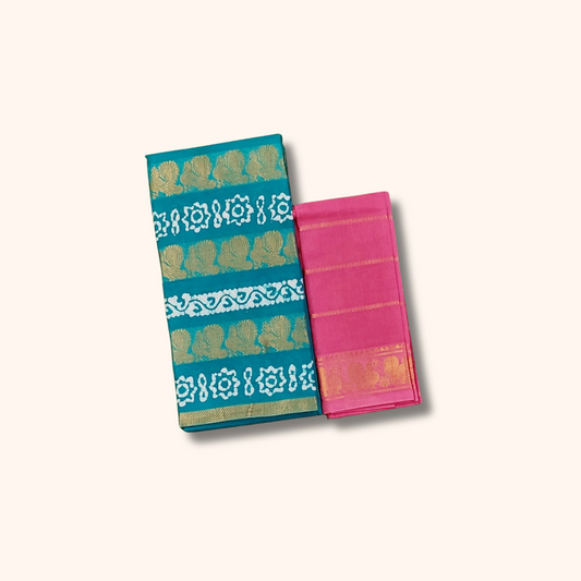 Teal and Pink Peacock Border Sungudi Cotton Saree with Separate Blouse Piece 120s Count