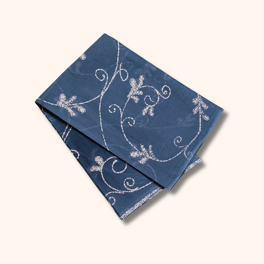 Indigo Blue Printed Pure Cotton Saree with White Floral Vine Design