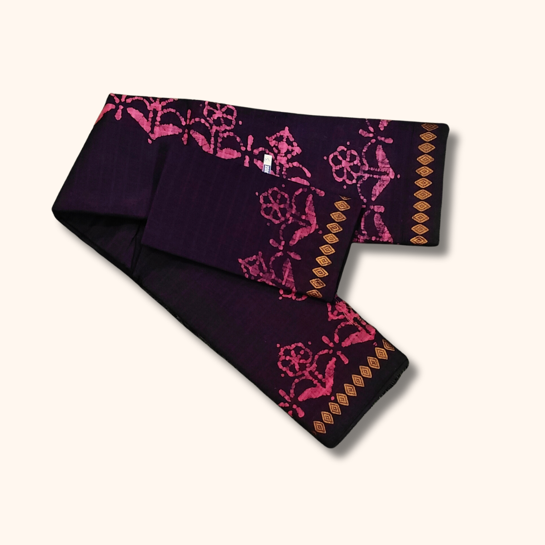 Deep Purple Sungudi Cotton Saree with Pink Batik Floral Design & Matching Blouse Piece