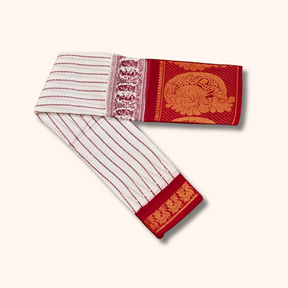 Off White Sungudi Cotton Saree with Red Peacock Border