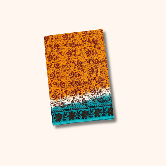 Mustard Yellow & Turquoise Blue Floral Kalamkari Cotton Saree with Printed Border