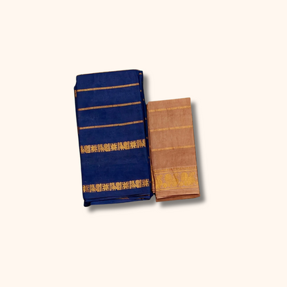 Navy Blue Pure Sungudi Cotton Saree with Gold Zari Stripes & Separate Blouse Piece