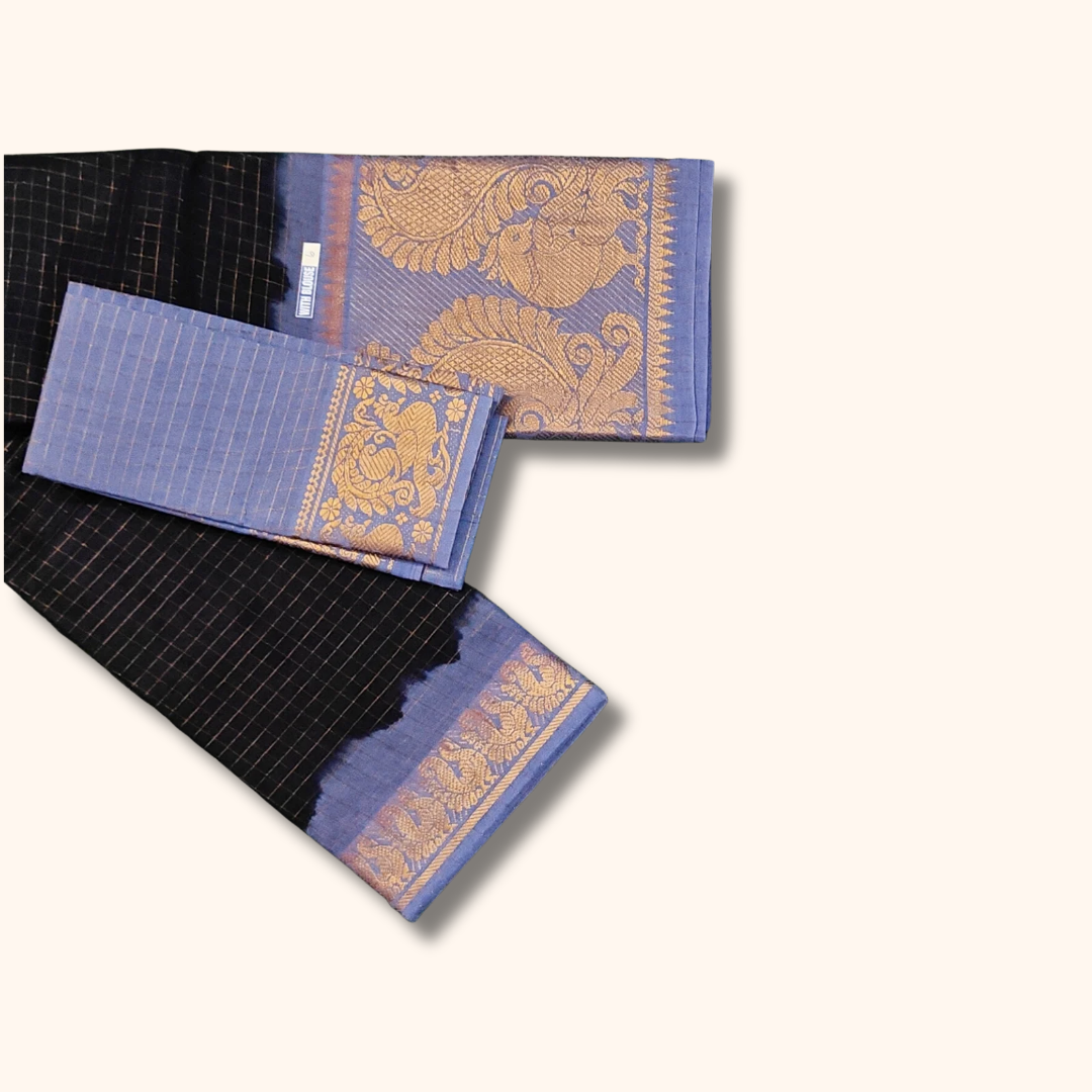 Navy Blue Checked Sungudi Cotton Saree with Peacock Zari Border