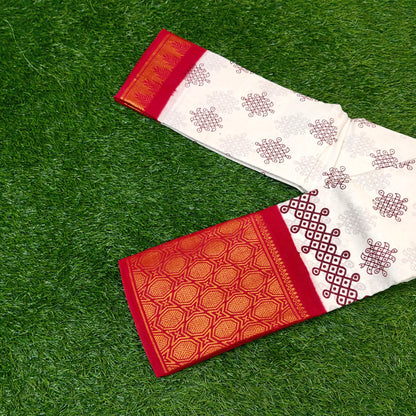 Coral Pink Printed Cotton Saree with Navy Blue Traditional Border