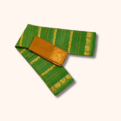Green Pure Sungudi Cotton Saree with Gold Zari Checks & Separate Blouse Piece