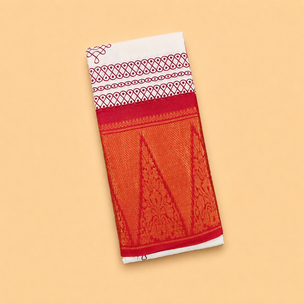 Kolam Printed White Sungudi Cotton Saree with Red Temple Border