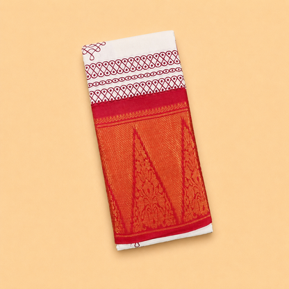 Kolam Printed White Sungudi Cotton Saree with Red Temple Border