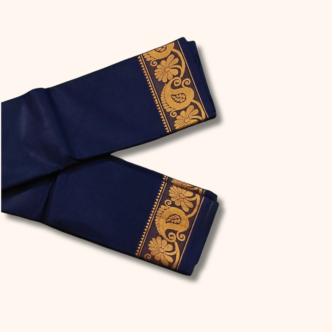Navy Blue Pure Cotton Saree with Floral Zari Border – Running Blouse
