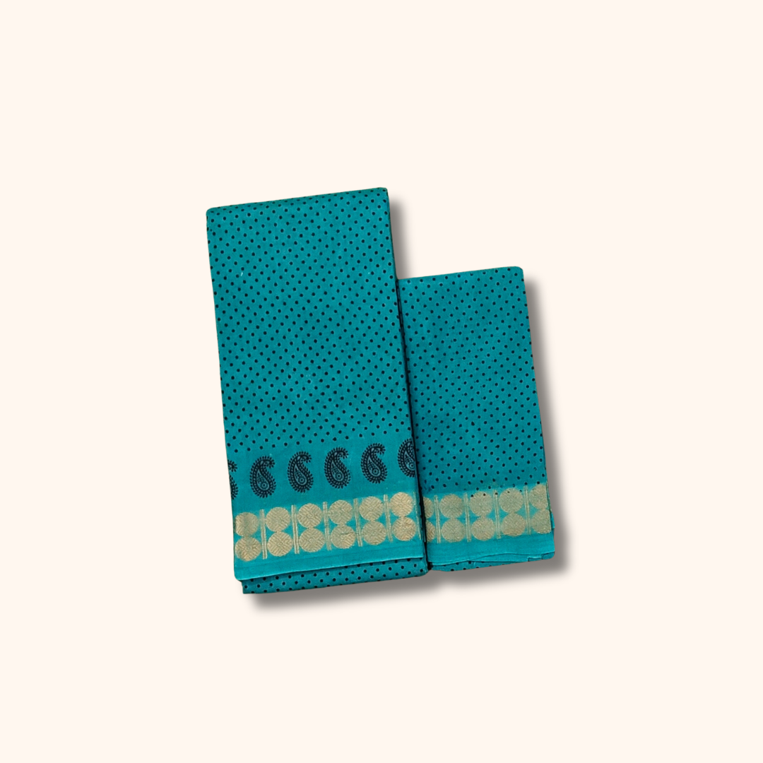 Turquoise Dot Print Cotton Saree with Gold Zari Border