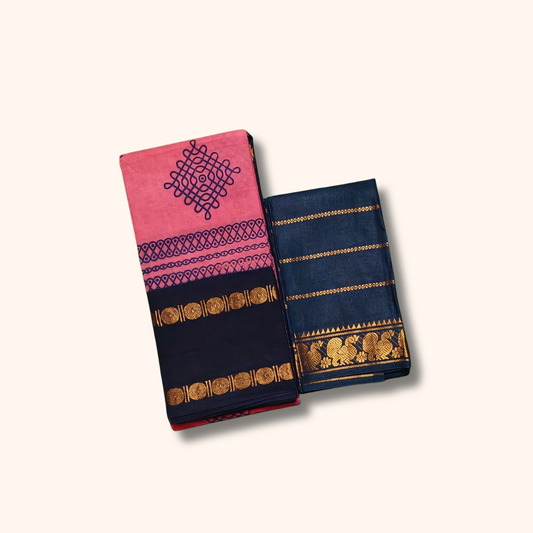 Pink Sungudi Kolam Cotton Saree with Contrast Navy Blue Blouse Piece