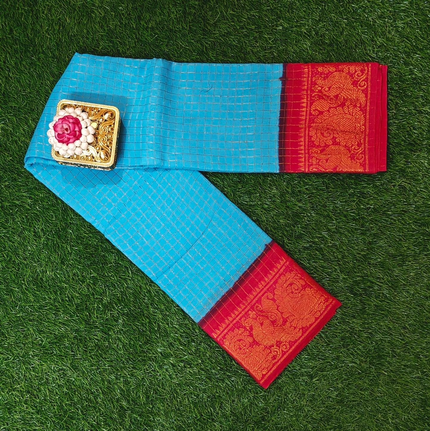 Sky Blue Checked Sungudi Cotton Saree with Peacock Zari Border