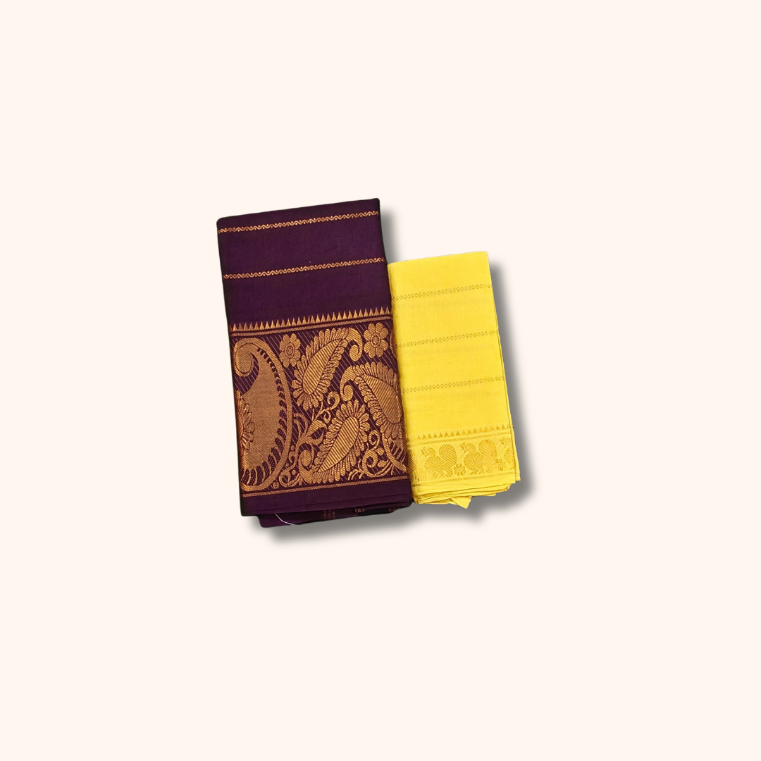 Wine Purple Pure Sungudi Cotton Saree with Rich Paisley Zari Border & Yellow Blouse Piece