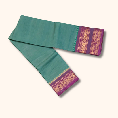 Sea Green Chettinad Cotton Saree with Purple Temple Border