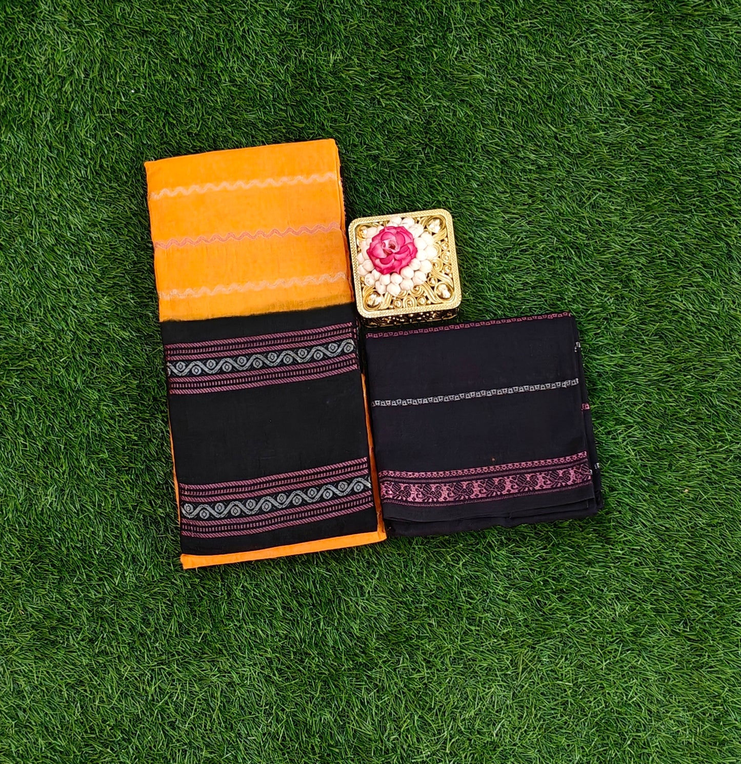 Orange Cotton Saree with Separate Black Blouse Sungudi saree