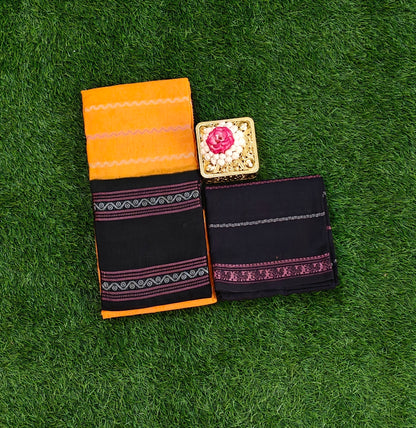 Orange Cotton Saree with Separate Black Blouse Sungudi saree