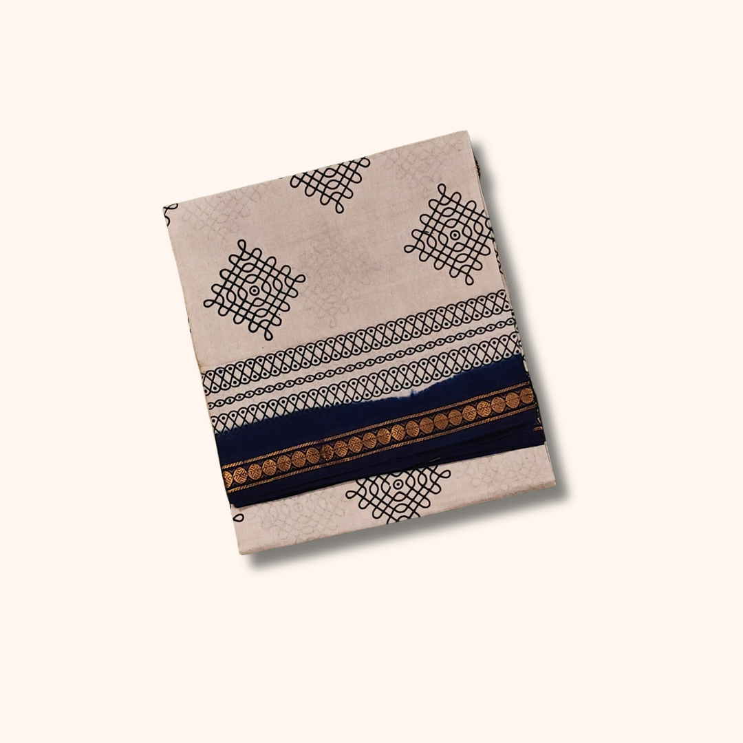 Ivory Soft Cotton Saree with Dark Blue Border