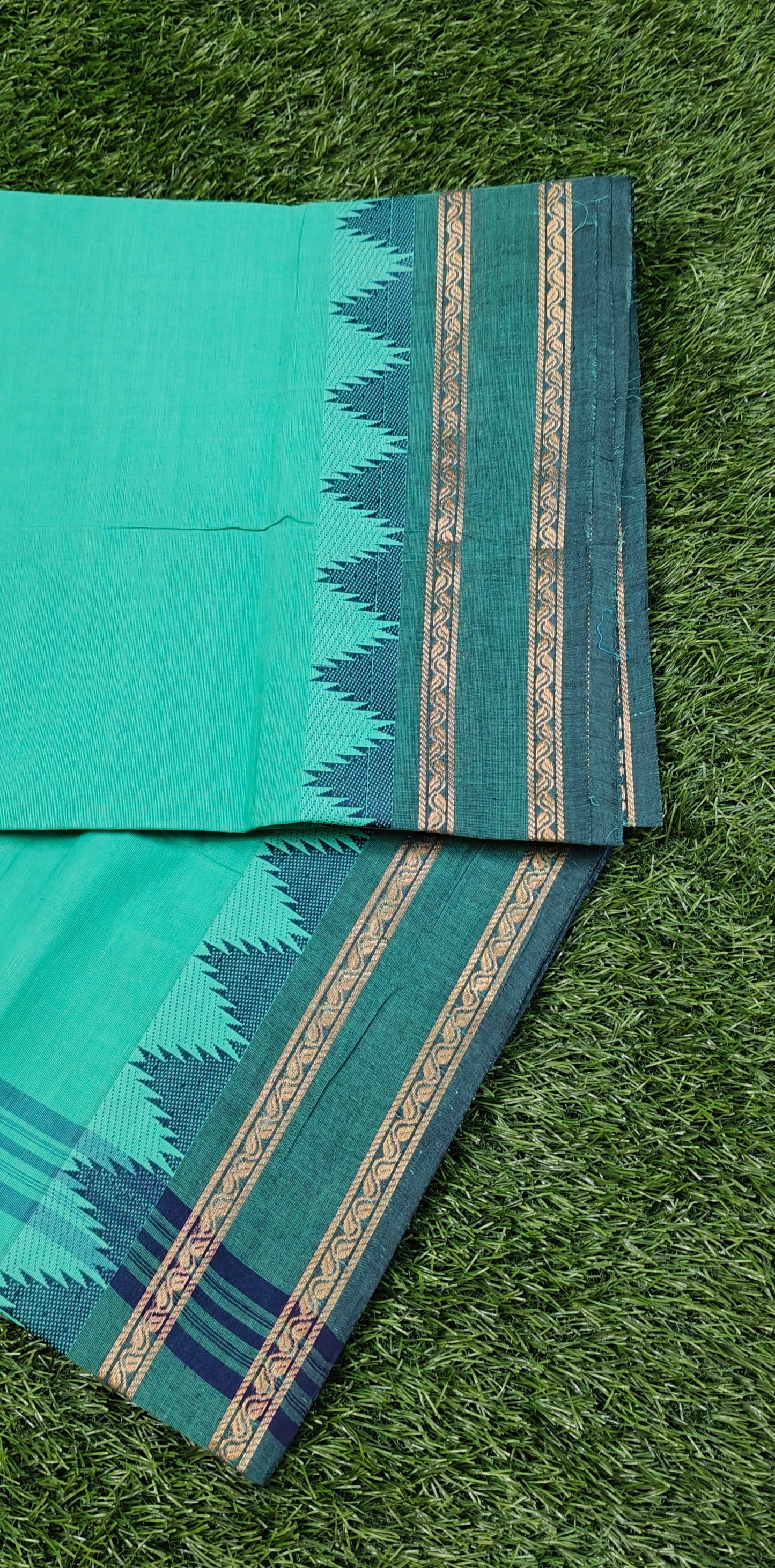 Sea Green Chettinad Cotton Saree with Classic Temple Border