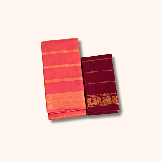 Tomato Red Sungudi Cotton Saree with Maroon Peacock Border Blouse