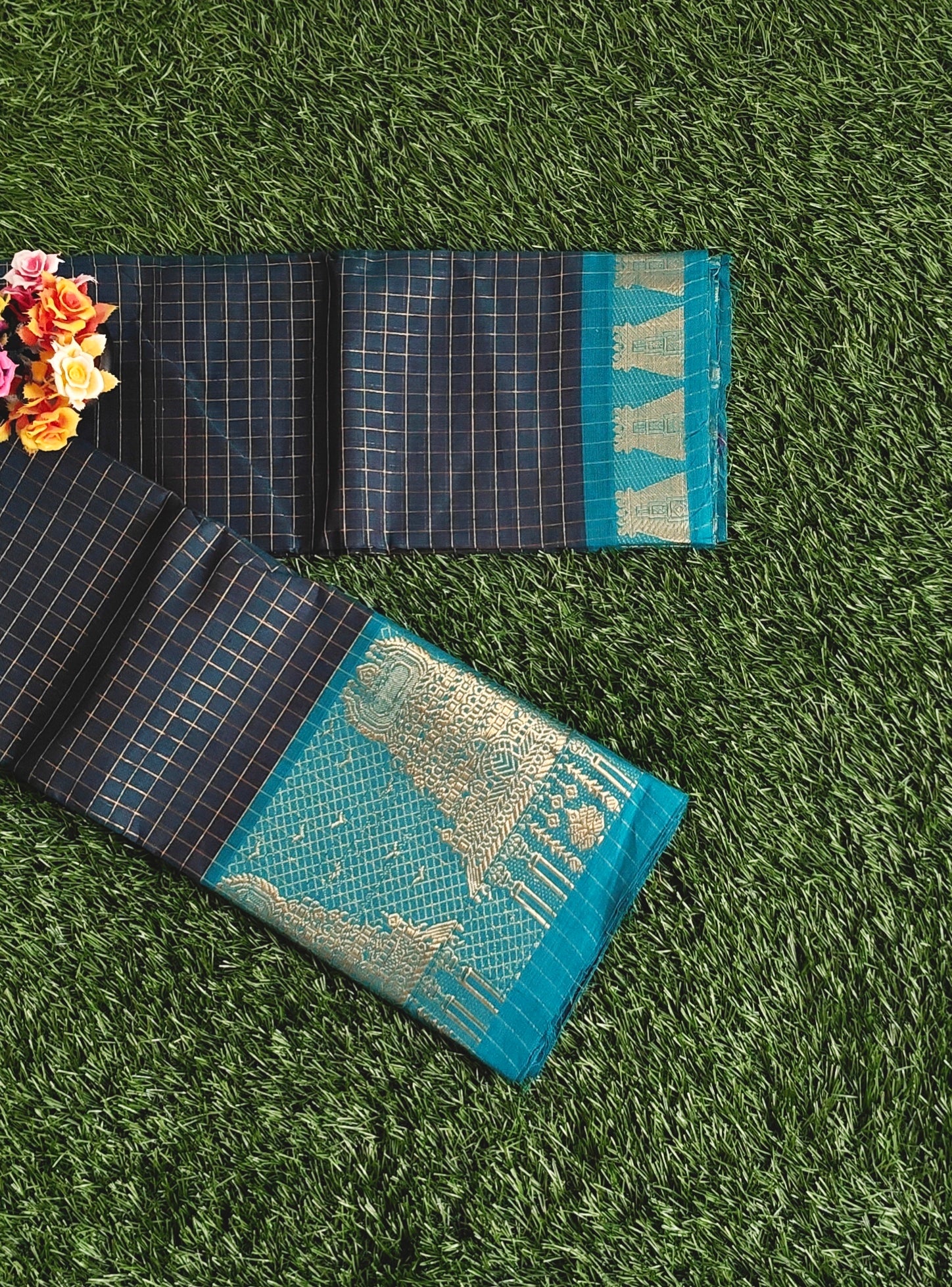 Chettinad Cotton Saree with Meenakshi Gopuram Border – Navy Blue & Teal