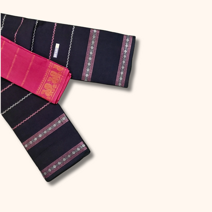 Midnight Blue Cotton Saree with Contrast Pink Blouse