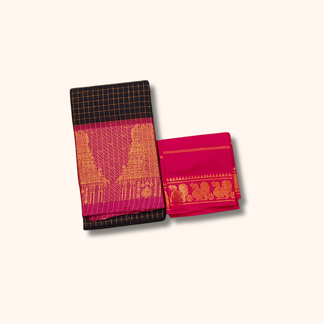 Black Temple Border Cotton Saree with Pink Pallu