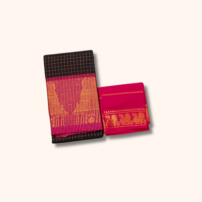 Black Temple Border Cotton Saree with Pink Pallu