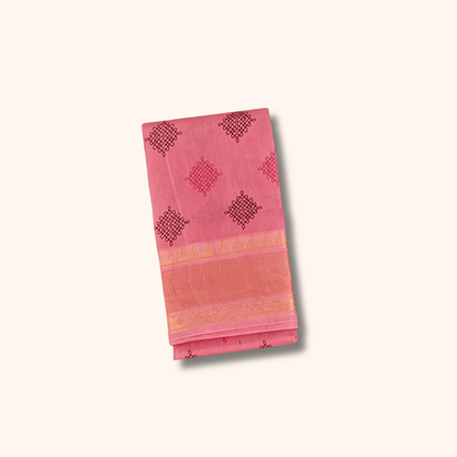 Coral Pink Sungudi Cotton Saree with Kolam Print & Gold Zari Border