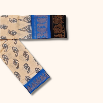 Cream Paisley Double Border Sungudi Cotton Saree – Royal Blue Peacock Border
