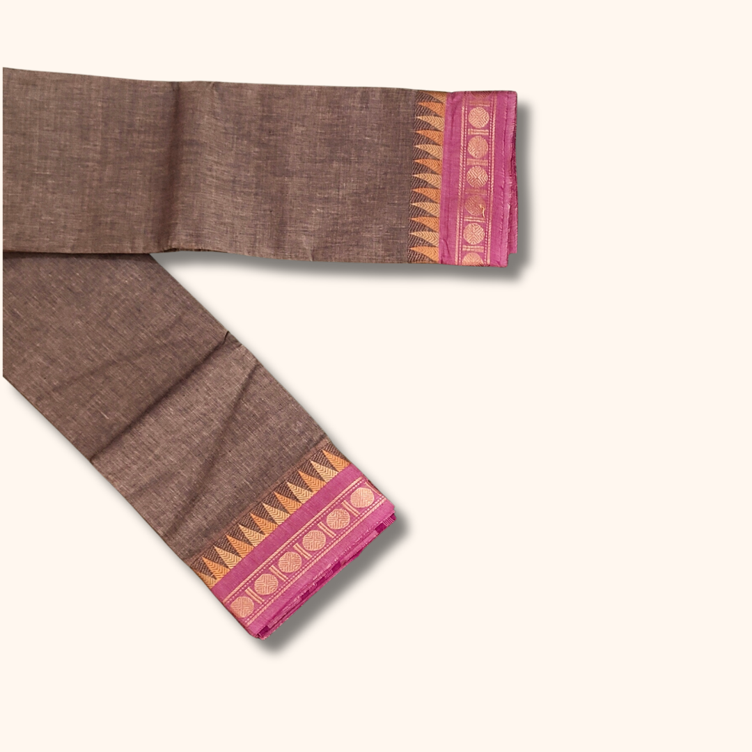 Elegant Grey Chettinad Cotton Saree with Pink Temple Border