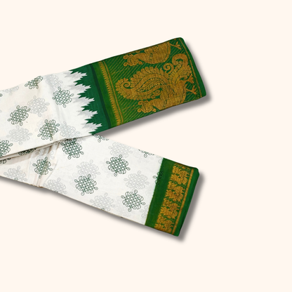 White Sungudi Cotton Saree with Green and Gold Zari Peacock Border – No Blouse Included