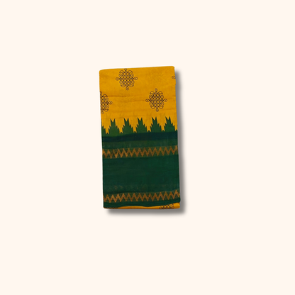Mustard Yellow Sungudi Cotton Saree with Dark Green Zigzag Border – Running Blouse