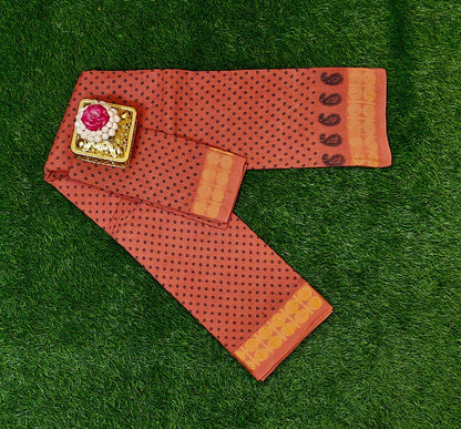Rust Orange Sungudi Cotton Saree with Dotted Pattern & Paisley Zari Border