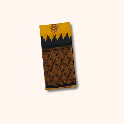 Mustard Yellow Kolam Print Cotton Saree with Black Geometric Border