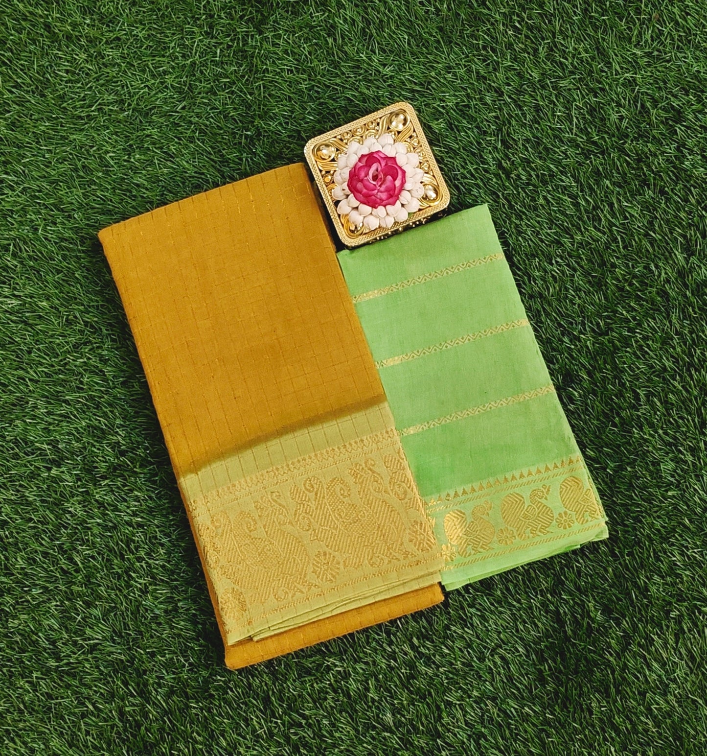 Mustard Sungudi Cotton Saree with Light Green Zari Border & Separate Blouse Piece