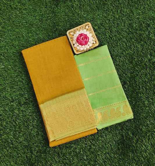 Mustard Sungudi Cotton Saree with Light Green Zari Border & Separate Blouse Piece